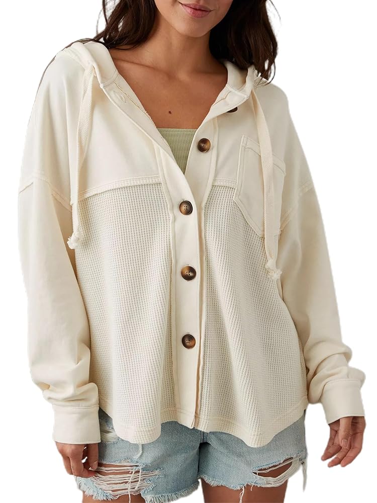 Amazon.com: YEMOCILE Women's Waffle Knit Hooded Shacket